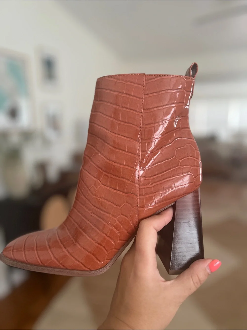 Women's Croc-Embossed Block Heel Ankle Boots - Rust